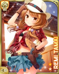 Rule 34 | 1girl, blue skirt, brown eyes, brown hair, card (medium), closed mouth, cowboy clothes, cowboy hat, day, girlfriend (kari), gun, handgun, hat, holstered, indoors, looking at viewer, low twintails, official art, qp:flapper, red shirt, revolver, shirt, skirt, smile, solo, standing, tagme, tamai remi, tied shirt, twintails, weapon