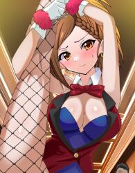 Rule 34 | 1boy, 1girl, arms up, bare shoulders, blue leotard, blush, bow, bowtie, braid, breasts, brown eyes, brown hair, ceiling, chain, cleavage, closed mouth, collar, cuffs, detached collar, dot nose, earrings, fishnet pantyhose, fishnets, gloves, handcuffs, hyodo rena, idolmaster, idolmaster cinderella girls, idolmaster cinderella girls starlight stage, indoors, jacket, jewelry, kneepits, kocho2koala, large breasts, leg up, leotard, looking at viewer, pantyhose, red bow, red bowtie, red jacket, short hair, shy, sleeveless, sleeveless jacket, solo focus, strapless, strapless leotard, sweatdrop, upper body, v-shaped eyebrows, white collar, white gloves
