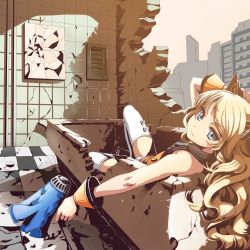 Rule 34 | 1girl, animal ears, bad id, bad pixiv id, bare shoulders, blonde hair, blue eyes, bow, bracelet, cat ears, jewelry, long hair, megaphone, mx2j, seeu, solo, star-shaped pupils, star (symbol), symbol-shaped pupils, thighhighs, very long hair, vocaloid, white thighhighs