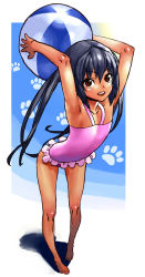 Rule 34 | 00s, 1girl, armpits, ball, barefoot, beachball, black hair, brown eyes, female focus, flat chest, full body, hijiki (b-stroke), k-on!, long hair, nakano azusa, one-piece swimsuit, pink one-piece swimsuit, solo, swimsuit, tan, twintails