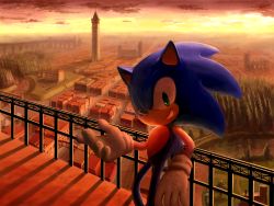 Rule 34 | 1boy, artist request, balcony, city, cityscape, from above, furry, furry male, gloves, green eyes, hedgehog, male focus, nature, outdoors, plant, scenery, sega, sky, smile, solo, sonic (series), sonic the hedgehog, sonic unleashed, sunset, tagme