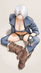 Rule 34 | 1girl, angel (kof), arm support, blue eyes, boots, breasts, chaps, cleavage, closed mouth, commentary request, cowboy boots, cropped jacket, fingerless gloves, fingernails, full body, gloves, grey background, hair over one eye, highres, jacket, knee boots, knee up, leather, leather jacket, lips, looking at viewer, medium breasts, navel, shadow, short hair, simple background, sitting, sleeves rolled up, smile, snk, solo, stomach, the king of fighters, white hair, x chitch