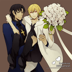 Rule 34 | 2boys, bad id, bad pixiv id, black eyes, black hair, blonde hair, bouquet, carrying, cassock, cross, cross necklace, expressionless, fate/stay night, fate (series), flower, gilgamesh (fate), jewelry, kotomine kirei, male focus, multiple boys, necklace, parody, princess carry, red eyes, ring, rose, wedding band, white flower, white rose, yinxisan