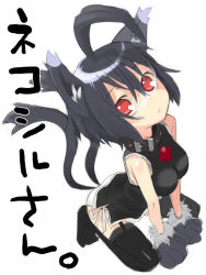 Rule 34 | 1girl, ahoge, animal ears, animal hands, black hair, black thighhighs, born freaks!, cat ears, cat tail, china dress, chinese clothes, collar, dress, garter belt, multiple tails, nekomata, red eyes, short hair, solo, tail, thighhighs, two tails, uracil, yoshida on