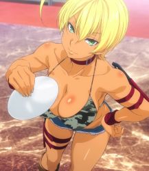 Rule 34 | 10s, 1girl, anime screenshot, bare shoulders, blonde hair, breasts, camouflage, choker, cleavage, female focus, from above, green eyes, highres, indoors, interior, mito ikumi, screencap, shokugeki no souma, short hair, solo, standing, stitched, third-party edit