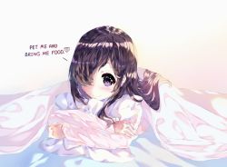 Rule 34 | 1girl, airy45525312, black hair, burn scar, commentary, commission, english commentary, english text, hair over one eye, heart, highres, ikezawa hanako, katawa shoujo, long hair, long sleeves, looking at viewer, lying, hugging object, on stomach, pillow, pillow hug, purple eyes, scar, simple background, smile, solo, under covers, white background