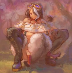 Rule 34 | 1girl, animal ears, bare shoulders, black hair, black thighhighs, breasts, commentary request, hair over one eye, kazo (kazozakazo), large breasts, long hair, o-ring, original, purple eyes, squatting, tail, thighhighs