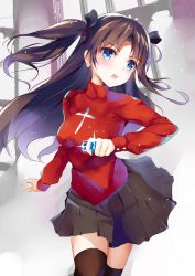 Rule 34 | 1girl, black thighhighs, blue eyes, brown hair, fate/stay night, fate (series), hair ribbon, henet hene, jewelry, long hair, long sleeves, pleated skirt, ribbon, skirt, solo, sparkle, sweater, thighhighs, tohsaka rin, twintails, two side up