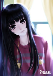 Rule 34 | 1girl, artist name, backlighting, black hair, blunt bangs, blurry, brown eyes, casual, character request, curtains, depth of field, looking at viewer, original, parted lips, rail (silverbow), reflection, solo, window