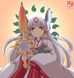 Rule 34 | 1girl, alternate costume, amaterasu (ookami), artist logo, blunt bangs, commentary request, cowboy shot, dated, gradient background, hair ribbon, headgear, highres, japanese clothes, kanon (kurogane knights), kantai collection, long hair, looking at viewer, magatama, miko, murakumo (kancolle), ookami (game), orange background, orange eyes, ribbon, sidelocks, silver hair, simple background, solo, sword of kusanagi, thick eyebrows, tress ribbon, white background