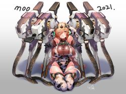 Rule 34 | 1girl, 2021, animal print, armpits, arms up, bell, blonde hair, blush, breasts, collar, covered navel, cow print, cowbell, doyouwantto, elbow gloves, eyes visible through hair, gloves, headgear, kneeling, large breasts, long hair, looking at viewer, mecha musume, neck bell, original, print leotard, shiny skin, skin tight, skindentation, smile, solo, yellow eyes