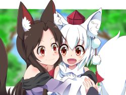 Rule 34 | 2girls, animal ears, bare shoulders, brown hair, closed mouth, detached sleeves, dress, hat, hug, imaizumi kagerou, inubashiri momiji, jeff17, long hair, long sleeves, multiple girls, off-shoulder dress, off shoulder, open mouth, pom pom (clothes), red eyes, shirt, short hair, silver hair, sleeveless, sleeveless shirt, tail, tokin hat, touhou, turtleneck, white shirt, wolf ears, wolf tail