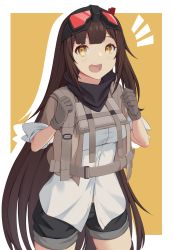 Rule 34 | 1girl, act (xadachit), brown hair, girls&#039; frontline, girls&#039; frontline 2: exilium, gloves, goggles, goggles on head, highres, long hair, mayling shen (girls&#039; frontline 2), scarf, short sleeves, shorts, side ponytail, simple background, yellow eyes
