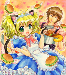 Rule 34 | 1boy, 1girl, animal ears, antenna hair, apron, blonde hair, bow, brown hair, burger, cal devens, cat ears, cat tail, dress, food, frills, green eyes, gun, maid, maid apron, maid headdress, open mouth, oven mitts, phantom of inferno, tail, twintails, weapon, zwei (phantom of inferno)