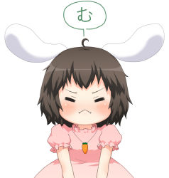 Rule 34 | 1girl, :&lt;, ahoge, angry, animal ears, bebelona, bebeneko, blush, brown hair, carrot, closed eyes, dress, female focus, inaba tewi, jewelry, pendant, pink dress, pout, puffy cheeks, puffy sleeves, rabbit ears, short sleeves, simple background, solo, speech bubble, text focus, touhou, translation request, white background