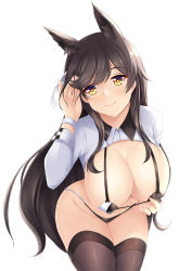 Rule 34 | 1girl, animal ear fluff, animal ears, atago (azur lane), atago (stunning speedster) (azur lane), azur lane, bikini, black bikini, black hair, black thighhighs, blush, breasts, closed mouth, commission, covered erect nipples, cowboy shot, euforia, groin, hand in own hair, hand up, large breasts, leaning forward, long hair, long sleeves, micro bikini, race queen, shrug (clothing), sidelocks, simple background, smile, solo, swept bangs, swimsuit, thighhighs, very long hair, white background, yellow eyes