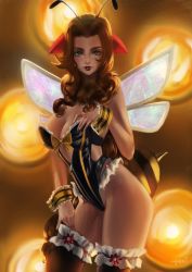 Rule 34 | 1girl, absurdres, aerith gainsborough, antennae, bee costume, breasts, brown hair, charmiisan, cleavage, curly hair, female focus, final fantasy, final fantasy vii, final fantasy vii remake, green eyes, hair ribbon, highres, honey bee inn, insect wings, lipstick, makeup, pink ribbon, ribbon, solo, square enix, thighhighs, wings