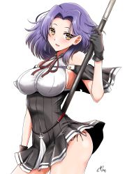 Rule 34 | 1girl, absurdres, bare shoulders, blush, breasts, brown eyes, capelet, glaive (polearm), hair intakes, highres, kantai collection, large breasts, looking at viewer, open mouth, parted lips, polearm, purple hair, school uniform, short hair, sideboob, simple background, skirt, smile, solo, standing, tatsuta (kancolle), tatsuta kai ni (kancolle), tsumejirou, weapon, white background