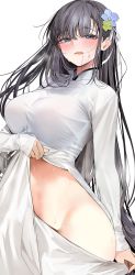 Rule 34 | 1girl, bad id, bad twitter id, black hair, blush, breasts, clothes lift, dress, dress lift, flower, groin, hair flower, hair in own mouth, hair ornament, highres, large breasts, lifting own clothes, light smile, long hair, long sleeves, looking at viewer, marushin (denwa0214), original, panties, pants, panty pull, pulling own clothes, purple eyes, simple background, steam, straight hair, sweatdrop, underwear, very long hair, vietnamese dress, white background, white dress, white pants