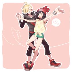 Rule 34 | 1boy, 1girl, ;d, ahoge, beanie, blonde hair, blush, blush stickers, border, brown hair, capri pants, closed eyes, closed mouth, commentary request, creatures (company), eyelashes, game freak, gladion (pokemon), green shorts, grey eyes, hair over one eye, hat, heart, hetero, hood, hood down, hoodie, korean commentary, looking at viewer, nintendo, one eye closed, open mouth, outline, outstretched arms, pants, park 0o0, pokemon, pokemon sm, red footwear, red headwear, selene (pokemon), shirt, shoes, short hair, short sleeves, shorts, smile, spoken heart, standing, sweatdrop, teeth, tied shirt, tongue, upper teeth only, white border, yellow shirt