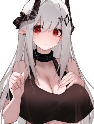 Rule 34 | 1girl, absurdres, arknights, bare shoulders, black horns, black sports bra, breasts, cleavage, close-up, closed mouth, commentary request, earrings, expressionless, eyes visible through hair, grey hair, hair between eyes, hand on own chest, hand up, highres, horns, huge breasts, infection monitor (arknights), jewelry, light blush, long hair, looking at viewer, mudrock (arknights), paid reward available, partial commentary, pointy ears, red eyes, sidelocks, simple background, solo, sports bra, upper body, white background, worimehl
