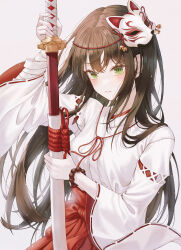 Rule 34 | 1girl, absurdres, bead bracelet, beads, blush, bracelet, brown hair, closed mouth, commentary, dot nose, double-parted bangs, fox mask, green eyes, grey background, hakama, hakama skirt, highres, holding, holding sword, holding weapon, japanese clothes, jewelry, katana, long hair, looking at viewer, mask, mask on head, miko, mole, mole under eye, oert129, original, red skirt, sidelocks, simple background, skirt, solo, sword, upper body, weapon, wide sleeves