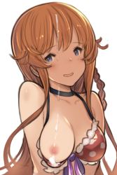 Rule 34 | 10s, 1girl, bad id, bad pixiv id, bare shoulders, bikini, bikini pull, blue eyes, blush, breasts, breasts out, choker, clothes pull, collarbone, cum, cum on body, facial, granblue fantasy, hanarito, lecia (granblue fantasy), long hair, looking at viewer, nipples, one breast out, open mouth, orange hair, smile, solo, swimsuit, upper body