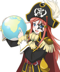 Rule 34 | 1girl, blue eyes, blush, commentary request, epaulettes, eyeshadow, facial tattoo, globe, hair ornament, hairclip, hat, hat feather, katou marika, long hair, makeup, miniskirt pirates, open mouth, pink hair, pirate hat, skull and crossbones, smile, solo, star (symbol), star tattoo, tattoo, youkan