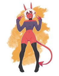 Rule 34 | 1girl, :d, absurdres, bare shoulders, black choker, black shirt, black thighhighs, bottomless, choker, colored skin, commentary, demon, demon tail, double v, english commentary, full body, hair between eyes, highres, horns, li (rob ishi), long sleeves, looking at viewer, navel, no shoes, off-shoulder shirt, off shoulder, open mouth, orange eyes, original, outline, pointy ears, pussy, red skin, rob ishi, shirt, short hair, smile, solo, tail, thighhighs, v, white hair, white outline