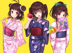 Rule 34 | 3girls, :q, alternate costume, antenna hair, blush, bow, double bun, eating, floral print, food, food on face, hair bow, hair bun, holding, japanese clothes, jintsuu (kancolle), kantai collection, kimono, long hair, long sleeves, multiple girls, naka (kancolle), obi, one eye closed, open mouth, ponytail, sash, sendai (kancolle), short hair, simple background, tongue, tongue out, tooi aoiro, two side up, water balloon, wide sleeves, yellow background, yukata