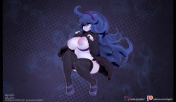 Rule 34 | 1girl, 3d, ahoge, artist name, black panties, black thighhighs, blush, breasts, clothes lift, creatures (company), dress, dress lift, female focus, flashing, full body, game freak, grin, hair between eyes, hairband, half-closed eyes, hands up, hex maniac (pokemon), highres, huge breasts, invisible chair, lifting own clothes, long hair, messy hair, nintendo, nipples, no bra, panties, patreon logo, patreon username, pillarboxed, pokemon, pokemon xy, purple background, purple dress, purple eyes, purple footwear, purple hair, purple hairband, shiny skin, shoes, signature, sitting, smile, teeth, thighhighs, underwear, watermark, web address, zy0n7
