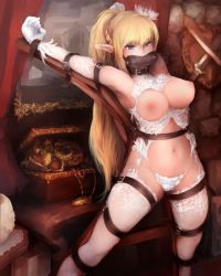 Rule 34 | 1girl, armpits, arms up, bare shoulders, bdsm, belt, belt bondage, belt buckle, bit gag, blonde hair, blue eyes, bondage, bound, braid, breasts, breasts out, buckle, collar, crown braid, drooling, elf, flower, gag, gagged, garter straps, gloves, hair flower, hair ornament, large breasts, leash, lingerie, long hair, long pointy ears, looking at viewer, morisova, navel, nipples, outstretched arms, panties, pointy ears, ponytail, saint andrew&#039;s cross, saliva, slave, solo, spread arms, spread legs, standing, thighhighs, underwear, white gloves, white panties, white thighhighs