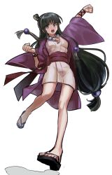 Rule 34 | 1girl, ace attorney, arm up, black hair, blunt bangs, full body, hair ornament, half updo, hand up, hanten (clothes), highres, jacket, japanese clothes, jewelry, kimono, legs, long hair, long sleeves, looking at viewer, magatama, magatama necklace, maya fey, necklace, obi, open mouth, outstretched arm, purple jacket, sandals, sash, short kimono, sidelocks, simple background, solo, standing, standing on one leg, toes, v-shaped eyebrows, very long hair, visket53, white background, white kimono, wide sleeves, zouri