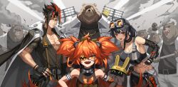 2girls 2v_(joyeong) 6+boys absurdres ahoge anton_ivanov armpits bare_pectorals bear ben_bigger black_hair breasts eyepatch gloves goggles goggles_on_head grace_howard hands_on_own_hips highres koleda_belobog large_breasts looking_at_viewer metal_eyepatch midriff multiple_boys multiple_girls muscular muscular_male navel orange_hair partially_fingerless_gloves pectorals red_eyes red_streaks sharp_teeth smile teeth toned toned_female zenless_zone_zero