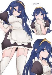 1girl alternate_costume apron black_dress blue_eyes blue_hair breasts commentary covering_own_mouth dress english_commentary fire_emblem fire_emblem_awakening garter_straps hair_between_eyes hand_on_own_hip highres long_hair looking_at_viewer lucina_(fire_emblem) maid maid_apron multiple_views nintendo pout puffy_short_sleeves puffy_sleeves serafineart1001 short_sleeves small_breasts smile thighhighs tiara twitter_username white_apron white_background white_thighhighs