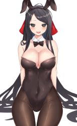 Rule 34 | 1girl, absurdres, alternate costume, animal ears, arms behind back, bare shoulders, black bow, black bowtie, black eyes, black hair, black leotard, black pantyhose, blush, bow, bowtie, breasts, cleavage, commentary request, cookie (touhou), covered navel, cowboy shot, detached collar, fake animal ears, hair bow, hakurei reimu, highres, ikikiksgiksg, large breasts, leotard, long hair, looking at viewer, open mouth, pantyhose, playboy bunny, rabbit ears, red bow, shiromiya rei, simple background, solo, strapless, strapless leotard, swept bangs, touhou, very long hair, white background