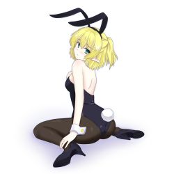 Rule 34 | 1girl, animal ears, ass, blonde hair, rabbit ears, rabbit tail, playboy bunny, detached collar, female focus, from behind, green eyes, isaki (gomi), looking back, mizuhashi parsee, pantyhose, pointy ears, ponytail, short hair, sitting, solo, tail, touhou, wariza, wrist cuffs