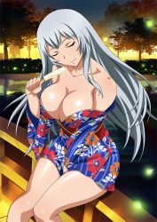 Rule 34 | 00s, 1girl, between legs, blue kimono, breasts, chouun shiryuu, cleavage, closed eyes, floating hair, floral print, food, hand between legs, head tilt, holding, holding food, ice cream, ikkitousen, japanese clothes, kimono, large breasts, long hair, off shoulder, official art, outdoors, popsicle, print kimono, short kimono, sitting, solo, striped clothes, striped kimono, vertical-striped clothes, vertical-striped kimono, very long hair