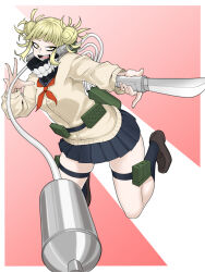 Rule 34 | 1girl, absurdres, asha, belt pouch, black mask, black skirt, black socks, blonde hair, blue sailor collar, blunt bangs, boku no hero academia, breasts, brown footwear, canister, cardigan, commentary request, double bun, eyeliner, full body, hair bun, highres, holding, holding knife, hose, jumping, knife, loafers, looking at viewer, makeup, mask, messy hair, miniskirt, mouth mask, neckerchief, open mouth, pink background, pleated skirt, pouch, red neckerchief, sailor collar, sanpaku, school uniform, serafuku, shoes, short bangs, short hair, sidelocks, skirt, slit pupils, small breasts, smile, socks, solo, thigh pouch, thigh strap, toga himiko, yellow cardigan, yellow eyes