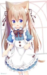 Rule 34 | 1girl, :d, animal ears, apron, bad id, bad pixiv id, black ribbon, blue dress, blue eyes, blurry, blurry background, blush, brown hair, cat ears, cat girl, cat tail, collared dress, commentary request, depth of field, dress, frilled apron, frilled sleeves, frills, hair ribbon, heart, highres, long hair, looking at viewer, nakkar, open mouth, original, ribbon, short sleeves, smile, socks, solo, standing, tail, twintails, twitter username, very long hair, white apron, white socks