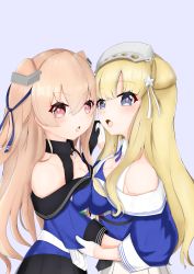 Rule 34 | 2girls, absurdres, black gloves, black skirt, blonde hair, blue eyes, blue shirt, breast press, breasts, brown eyes, cleavage, commentary request, double bun, fletcher (kancolle), gloves, grey background, hair bun, hair ornament, hairband, highres, himenagi yuuki, hug, johnston (kancolle), kantai collection, light brown hair, long hair, looking at viewer, medium breasts, multiple girls, neckerchief, off shoulder, open mouth, pleated skirt, remodel (kantai collection), sailor collar, school uniform, serafuku, shirt, simple background, single glove, skirt, star (symbol), star hair ornament, symmetrical docking, two side up, white gloves, white sailor collar, white skirt, yellow neckerchief