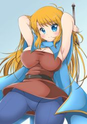 Rule 34 | 1girl, antenna hair, armpits, arms up, belt, blonde hair, blue background, blue eyes, blue pantyhose, blush, breasts, cape, character request, cleavage, copyright request, cowboy shot, dress, eyelashes, female focus, highres, holding, holding sword, holding weapon, kurokaze no sora, large breasts, leggings, long hair, looking at viewer, pantyhose, simple background, slashing, smile, solo, sword, undersized clothes, weapon