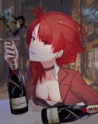 Rule 34 | 1girl, absurdres, alcohol, alternate eye color, bad id, bad pixiv id, bottle, breasts, city, city lights, cleavage, cup, glass writing, grin, heart, highres, holding, honkai (series), honkai impact 3rd, indoors, jacket, leaning forward, lipstick, looking at viewer, makeup, mole, mole on breast, murata himeko, murata himeko (battle storm), nail polish, red eyes, red hair, red jacket, red nails, robot 1365, smile, solo, table, window, wine, wine bottle