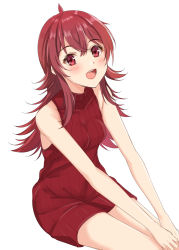 Rule 34 | 1girl, :d, blush, breasts, dress, hair between eyes, hands on own knees, highres, idolmaster, idolmaster shiny colors, invisible chair, komiya kaho, long hair, looking at viewer, medium breasts, open mouth, red eyes, red hair, red vest, ribbed sweater, simple background, sitting, smile, solo, sweater, sweater dress, very long hair, vest, white background, yuzuyu (hyui)