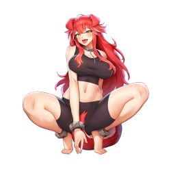 Rule 34 | 1girl, animal ears, anklet, armlet, barefoot, breasts, choker, extra ears, fang, feet, fenrir (last origin), game cg, highres, jewelry, kakiman, large breasts, last origin, long hair, navel, official art, red hair, sitting, solo, source request, sports bra, sportswear, spread legs, tachi-e, tail, transparent background, wolf ears, wolf girl, wolf tail, yellow eyes