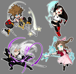 Rule 34 | 2boys, 2girls, aerith gainsborough, aqua eyes, armor, bangle, black bra, black footwear, black hair, black skirt, black thighhighs, blue eyes, boots, bra, bracelet, braid, braided ponytail, breasts, brown footwear, brown hair, chest strap, chibi, choker, clenched hands, crop top, cropped jacket, dress, earrings, elbow gloves, fighting stance, final fantasy, final fantasy vii, final fantasy vii rebirth, final fantasy vii remake, fingerless gloves, gloves, green eyes, grey background, grey hair, hair ribbon, hair tie, holding, holding staff, holding sword, holding weapon, jacket, jewelry, keyblade, kingdom hearts, large breasts, long dress, long hair, low-tied long hair, masamune (ff7), midriff, miniskirt, multiple boys, multiple girls, navel, nikusenpai, open mouth, parted bangs, pink dress, pink ribbon, red eyes, red footwear, red jacket, ribbon, ribbon choker, sephiroth, shirt, short hair, short sleeves, shoulder armor, sidelocks, single braid, skirt, smile, sora (kingdom hearts), spiked hair, sports bra, staff, suspenders, sword, thighhighs, tifa lockhart, underwear, weapon, white shirt, yellow footwear