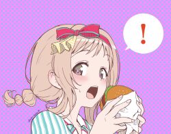 Rule 34 | !, 1girl, alternate hairstyle, blush, braid, bread bun, brown eyes, burger, collarbone, food, green shirt, hairband, hands up, highres, holding, holding food, idolmaster, idolmaster shiny colors, lettuce, light brown hair, looking at viewer, m-shiganai, meat, medium hair, open mouth, polka dot, polka dot background, portrait, purple background, red hairband, sakuragi mano, sesame seeds, shirt, shy, single braid, solo, speech bubble, striped clothes, striped shirt, sweatdrop, teeth, tomato, tomato slice, tongue, twitter username, upper teeth only, wrapper