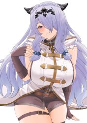 Rule 34 | 1girl, absurdres, alternate costume, black gloves, braid, breasts, camilla (fire emblem), cosplay, crown braid, fingerless gloves, fire emblem, fire emblem fates, genm7, gloves, granblue fantasy, highres, large breasts, looking at viewer, low-tied sidelocks, narmaya (granblue fantasy), narmaya (granblue fantasy) (cosplay), nintendo, parted lips, purple eyes, purple hair, shorts, sideboob, sidelocks, smile, solo, teeth, thigh strap, tiara, white background