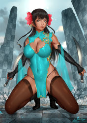 Rule 34 | 1girl, ariverkao, black footwear, black hair, black panties, black thighhighs, blue eyes, breasts, china dress, chinese clothes, cleavage, cleavage cutout, clothing cutout, covered navel, dated, dress, dual wielding, elbow gloves, fingerless gloves, flower, gloves, hair flower, hair ornament, high heels, holding, holding sword, holding weapon, kneeling, large breasts, lips, long hair, looking at viewer, original, panties, pelvic curtain, side-tie panties, signature, solo, sword, thighhighs, underwear, weapon
