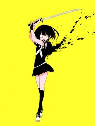 Rule 34 | 1girl, arms up, black hair, black shirt, black skirt, black socks, blood, blood splatter, commentary request, crossed legs, flat color, full body, hair between eyes, highres, holding, holding sword, holding weapon, kneehighs, looking to the side, neckerchief, original, outo eguchi, pleated skirt, shirt, shoes, short hair, short sleeves, simple background, skirt, sneakers, socks, solo, standing, sword, weapon, white neckerchief, yellow background, yellow eyes